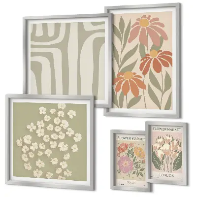 Set of 5 wall art pieces featuring floral patterns in London Paris boho style