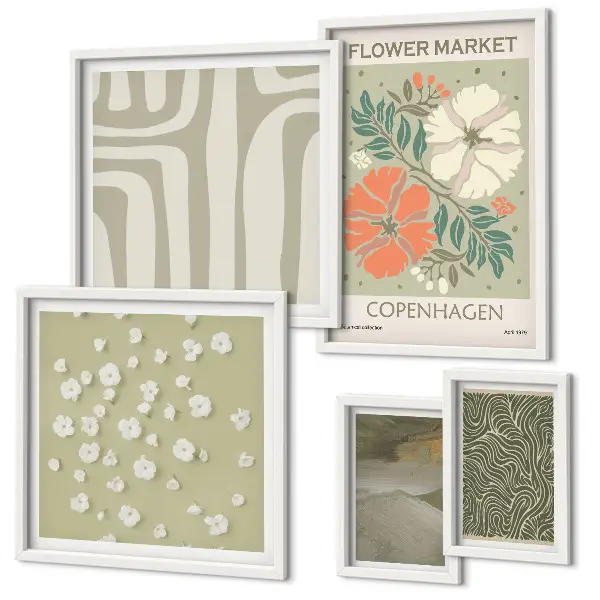 Set of 5 wall art pieces with bohemian plant motifs