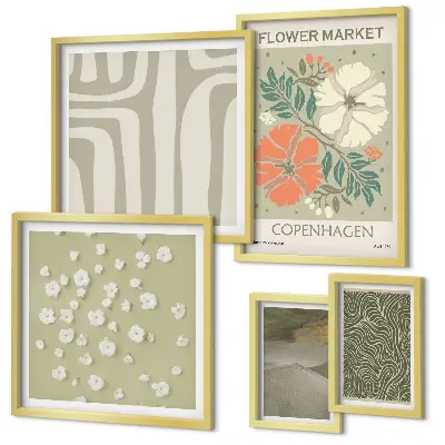 Set of 5 wall art pieces with bohemian plant motifs