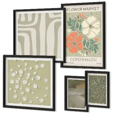 Set of 5 wall art pieces with bohemian plant motifs