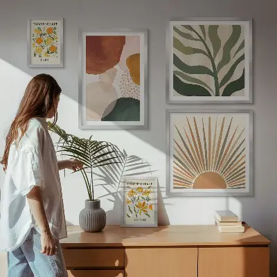 Set of 5 wall art pieces with stylish geometric plant graphics
