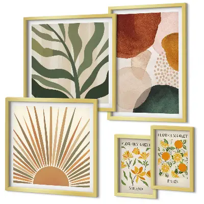 Set of 5 wall art pieces with stylish geometric plant graphics