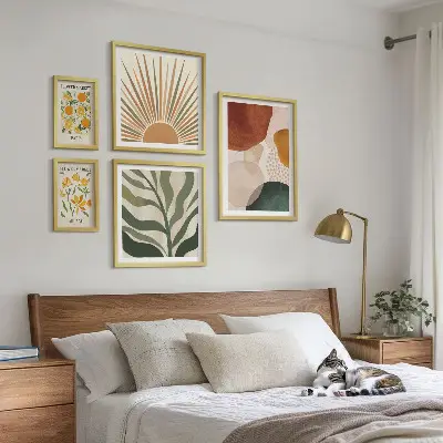 Set of 5 wall art pieces with stylish geometric plant graphics