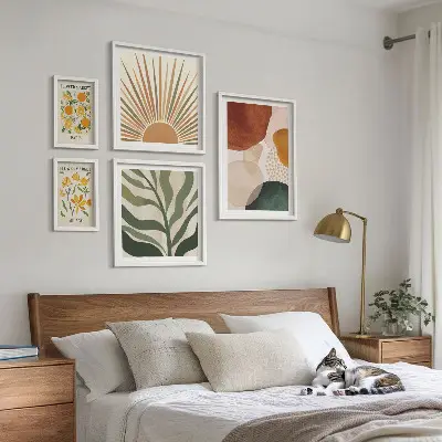 Set of 5 wall art pieces with stylish geometric plant graphics
