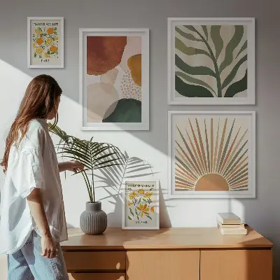 Set of 5 wall art pieces with stylish geometric plant graphics