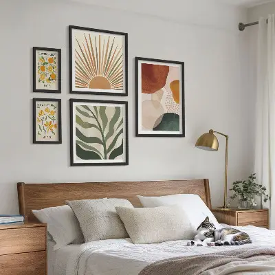 Set of 5 wall art pieces with stylish geometric plant graphics