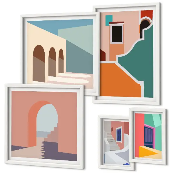 Colorful building illustrations wall art set of 5 pieces