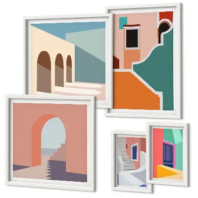 Colorful building illustrations wall art set of 5 pieces