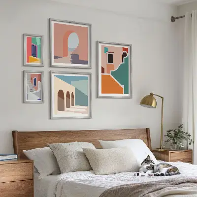 Colorful building illustrations wall art set of 5 pieces