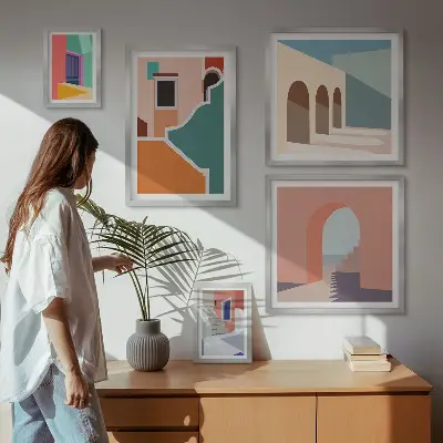 Colorful building illustrations wall art set of 5 pieces