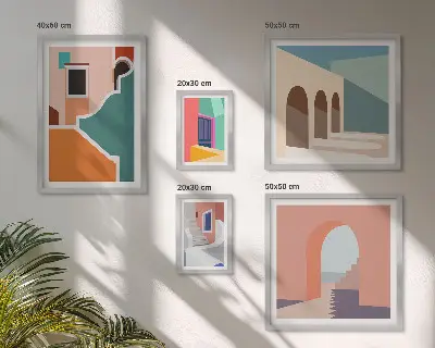 Colorful building illustrations wall art set of 5 pieces