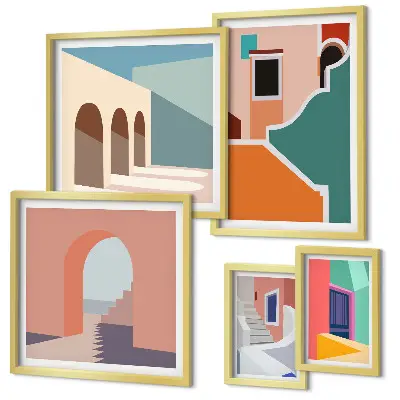 Colorful building illustrations wall art set of 5 pieces