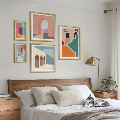 Colorful building illustrations wall art set of 5 pieces