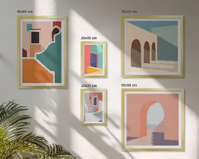 Colorful building illustrations wall art set of 5 pieces