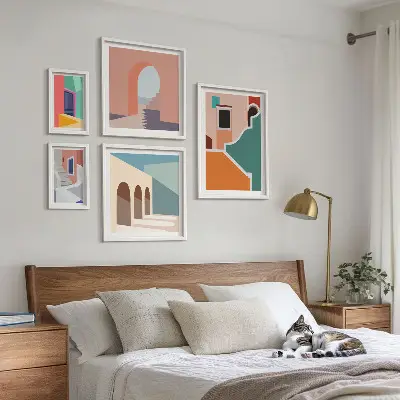 Colorful building illustrations wall art set of 5 pieces