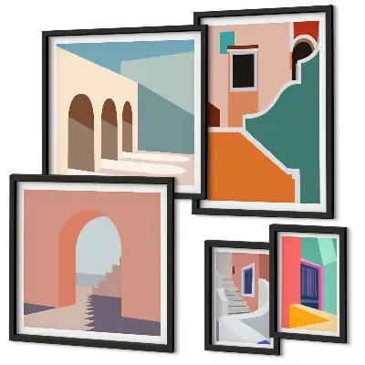 Colorful building illustrations wall art set of 5 pieces