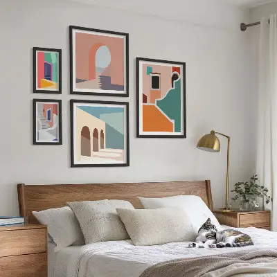 Colorful building illustrations wall art set of 5 pieces