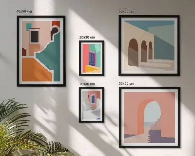 Colorful building illustrations wall art set of 5 pieces