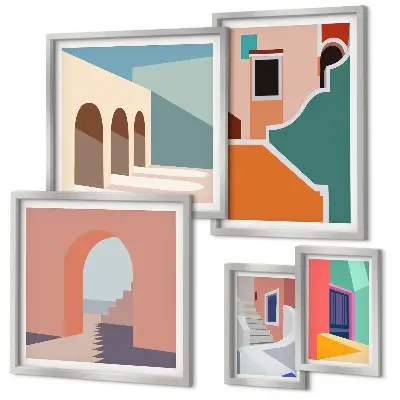 Colorful building illustrations wall art set of 5 pieces