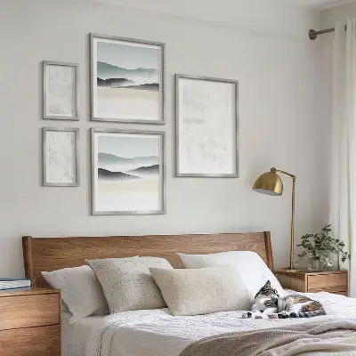 Set of 5 abstract wall art pieces with white spots on a background