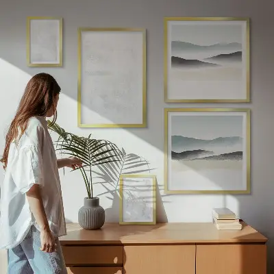 Set of 5 abstract wall art pieces with white spots on a background