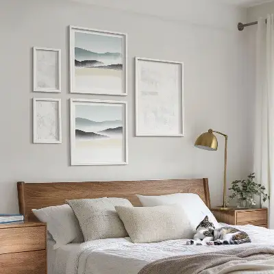 Set of 5 abstract wall art pieces with white spots on a background