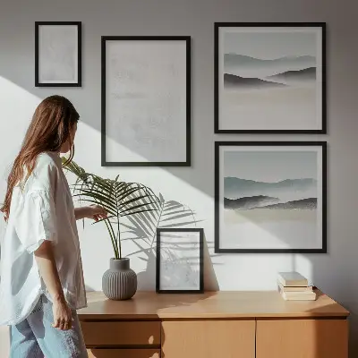 Set of 5 abstract wall art pieces with white spots on a background
