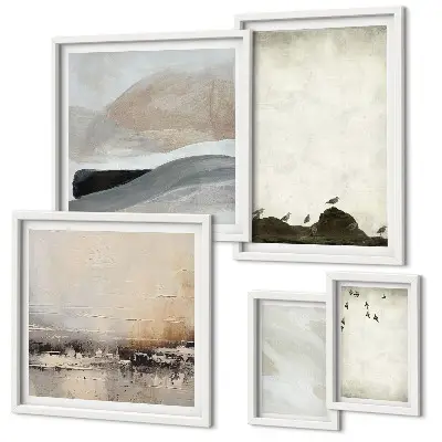 Framed photo set featuring birds, rocks, and brush stroke decorations