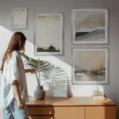 Framed photo set featuring birds, rocks, and brush stroke decorations
