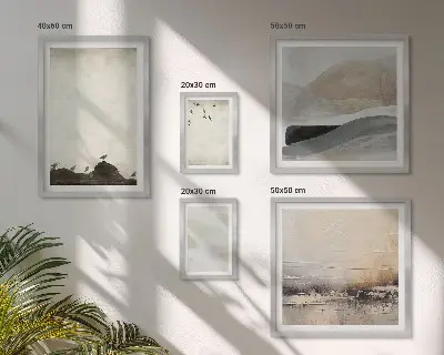 Framed photo set featuring birds, rocks, and brush stroke decorations