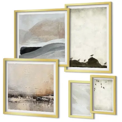 Framed photo set featuring birds, rocks, and brush stroke decorations
