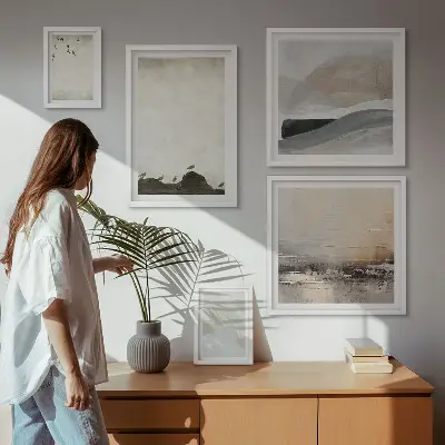 Framed photo set featuring birds, rocks, and brush stroke decorations