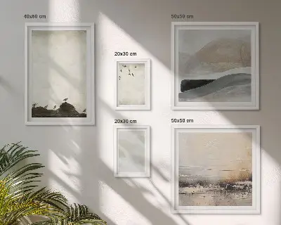 Framed photo set featuring birds, rocks, and brush stroke decorations