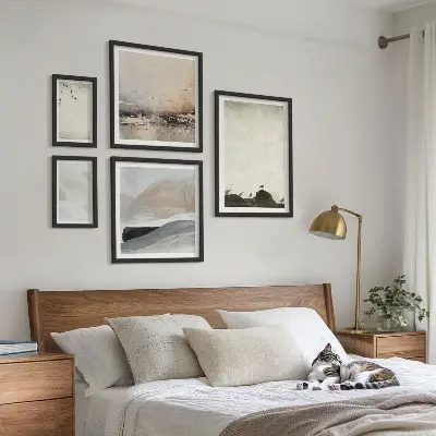 Framed photo set featuring birds, rocks, and brush stroke decorations