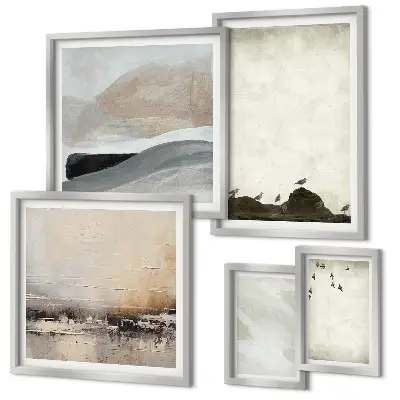 Framed photo set featuring birds, rocks, and brush stroke decorations