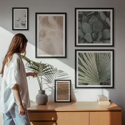 Framed photo set with stones wood and fabric textures