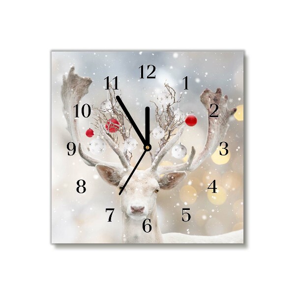 Glass Wall Clock Square White Reindeer Christmas Baubles