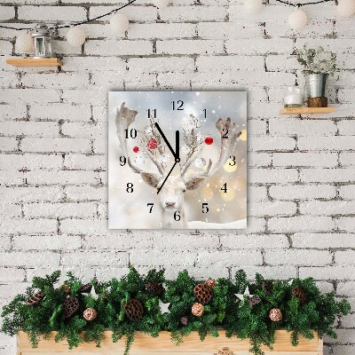 Glass Wall Clock Square White Reindeer Christmas Baubles