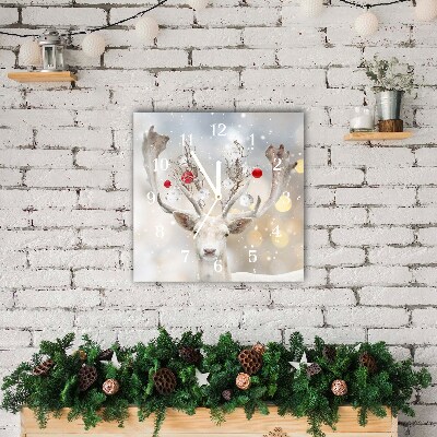 Glass Wall Clock Square White Reindeer Christmas Baubles