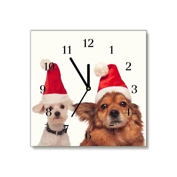 Glass Wall Clock Square Dogs Santa Claus Christmas