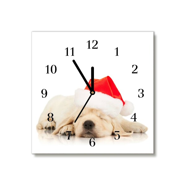 Glass Wall Clock Square Puppy Santa Hat Winter