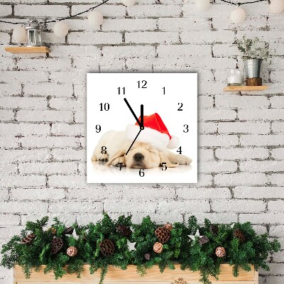 Glass Wall Clock Square Puppy Santa Hat Winter