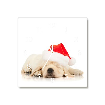 Glass Wall Clock Square Puppy Santa Hat Winter