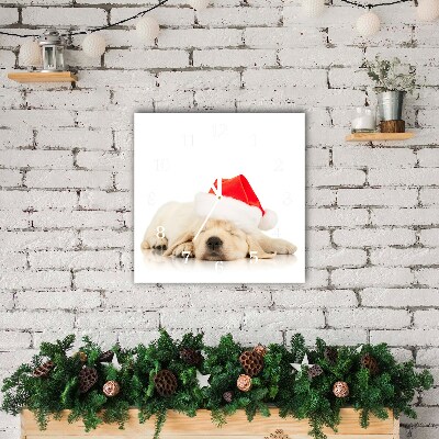 Glass Wall Clock Square Puppy Santa Hat Winter