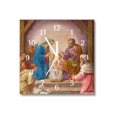 Glass Wall Clock Square Stable Christmas Jesus