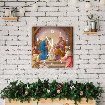 Glass Wall Clock Square Stable Christmas Jesus