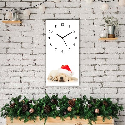 Glass Wall Clock Vertical Puppy Santa Hat Winter