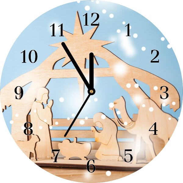 Glass Wall Clock Round Stable Christmas Winter