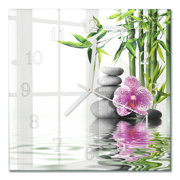 Glass wall clock square Stones and orchid