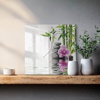 Glass wall clock square Stones and orchid
